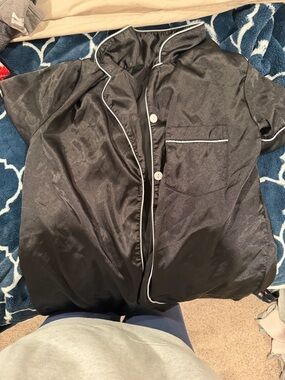 Black Satin Button-Up Pajama Top with White Piping
